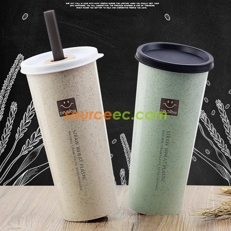 客製化450ML小麥秸稈雙蓋帶吸管防漏水杯禮品