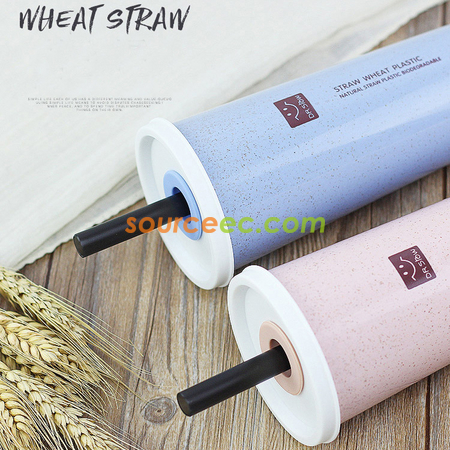 客製化450ML小麥秸稈雙蓋帶吸管防漏水杯禮品
