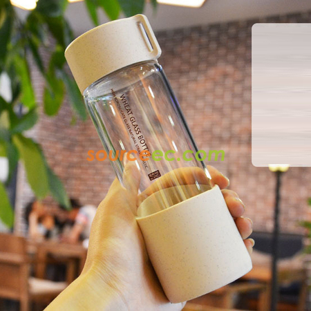 客製化300ML小麥秸稈便攜高硼矽玻璃水杯禮品