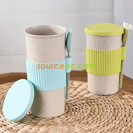 客製化350ML 小麥秸稈纖維咖啡杯帶調羹禮品