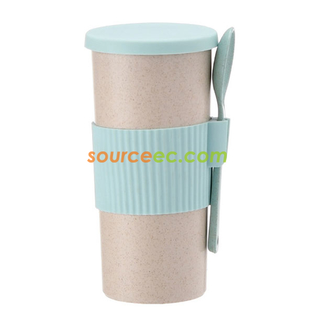 客製化350ML 小麥秸稈纖維咖啡杯帶調羹禮品