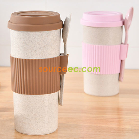 客製化350ML 小麥秸稈纖維隨手杯帶匙羹禮品