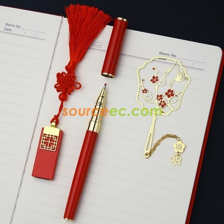 客製化中國風梅花紅書籤復古典禮品套裝 USB隨身碟禮品