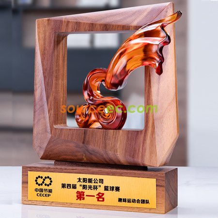 客製化黑胡桃實木外框水晶琉璃獎座