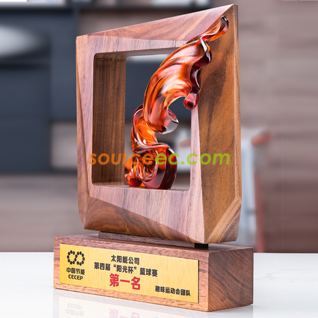 客製化客製化黑胡桃實木外框水晶琉璃獎座禮品