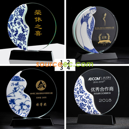 客製化雙面青花陶瓷水晶獎座禮品