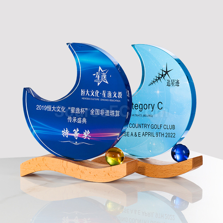 客製化月亮木質水晶獎座禮品