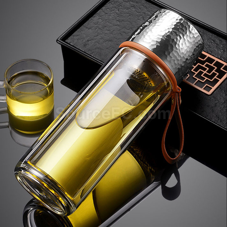 客製化350ML  便攜式茶水分離玻璃杯禮品
