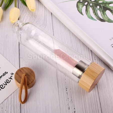 客製化天然水晶柱竹蓋高硼玻璃杯禮品