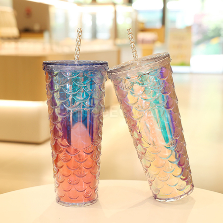客製化炫彩魚鱗雙層冷飲杯禮品