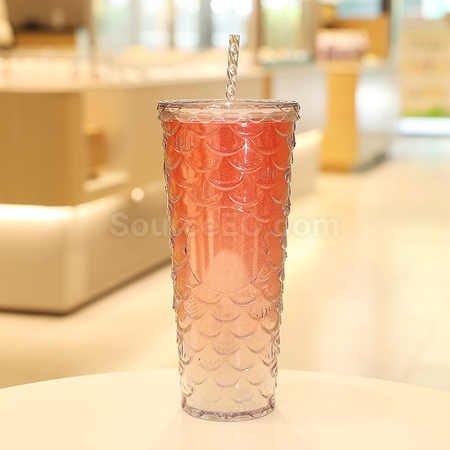 客製化炫彩魚鱗雙層冷飲杯禮品