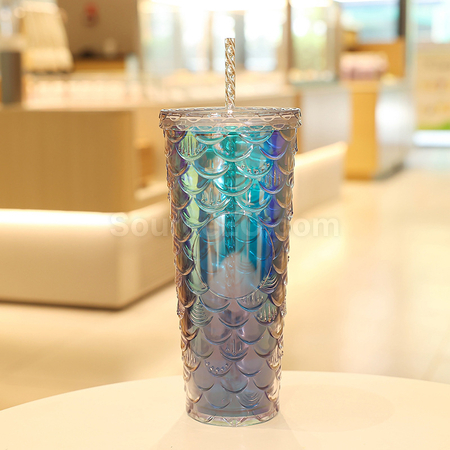 客製化炫彩魚鱗雙層冷飲杯禮品