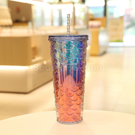 客製化炫彩魚鱗雙層冷飲杯禮品