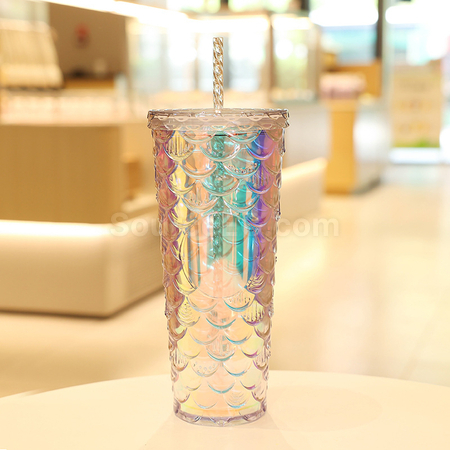 客製化炫彩魚鱗雙層冷飲杯禮品