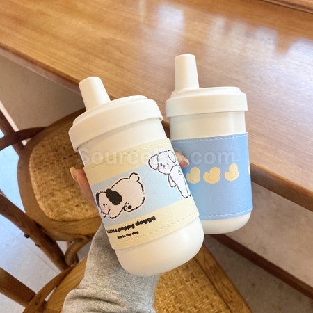 客製化奶茶保溫杯帶木紋可愛小熊皮套禮品