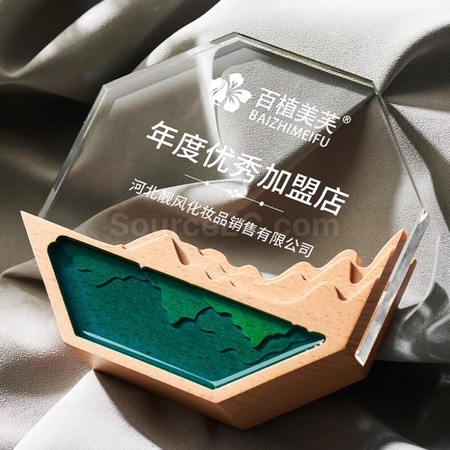 客製化八角形水晶彩印實木獎座禮品