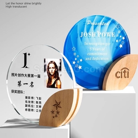 客製化圓形水晶實木葉子獎座禮品