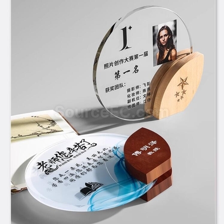 客製化圓形水晶實木葉子獎座禮品