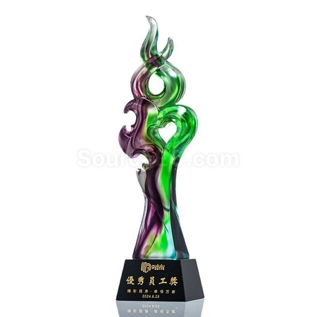 客製化綠紫炫彩琉璃水晶獎杯禮品