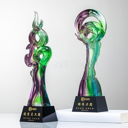 客製化綠紫炫彩琉璃水晶獎杯禮品