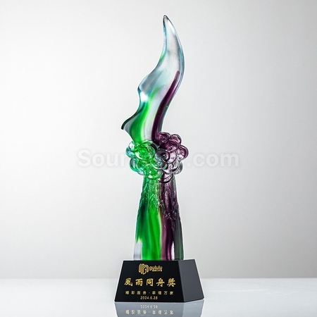 客製化綠紫炫彩琉璃水晶獎杯禮品