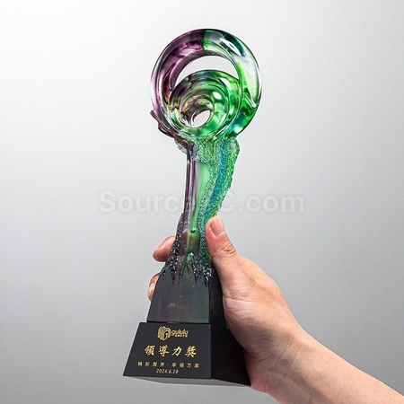 客製化綠紫炫彩琉璃水晶獎杯禮品